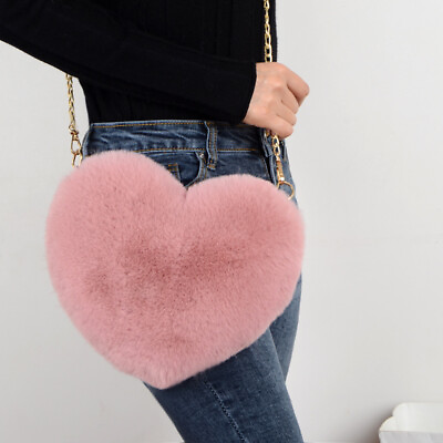 #ad Women Faux Fur Shoulder Chain Bag Handbag Purse Furry Fluffy Heart Zip Cute Pink $10.20