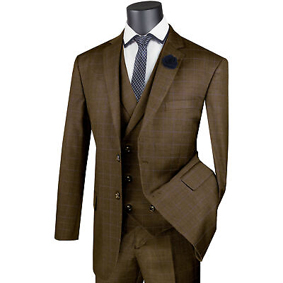 #ad VINCI Men#x27;s Taupe Brown Glen Plaid 3 Piece 2 Button Classic Fit Suit NEW $130.00