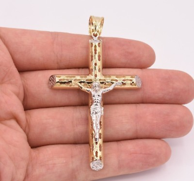 #ad 3.25quot; Huge Jesus Christ Crucifix Cross Pendant Charm Real 10K Yellow White Gold $362.99