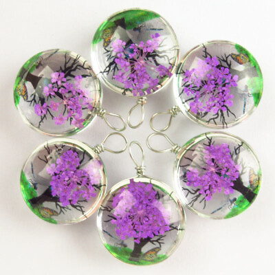 #ad 6Pcs Wrapped Crystal Glass Purple Dried Flower Round Pendant Bead Q11953 $13.27