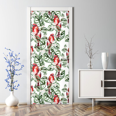 #ad Jungle Parrot Door Decal Green leaves tropical Self adhesive wallpaper home $66.95