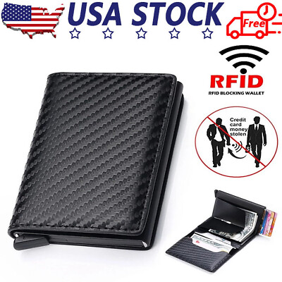 #ad RFID Blocking Leather Carbon Fiber Mens Wallet Purse Slim ID Credit Card Holder $5.99