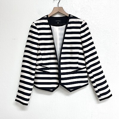 #ad Ann Taylor Women’s 10 Striped Blazer Jacket Sheen Dressy Black Ivory $49.99