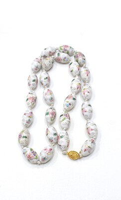 #ad Chinese Cloisonne Flower White Oval Strand Necklace $10.20