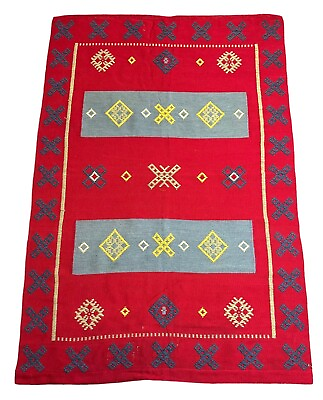 #ad Handmade Vintage Rug Red Turkish Flat Weave Design 100% Wool 41in x 61in $95.00