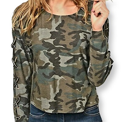 #ad Camo T Shirt Top Size M or L Available By Angela NEW Laced Long Sleeves Choice $12.99