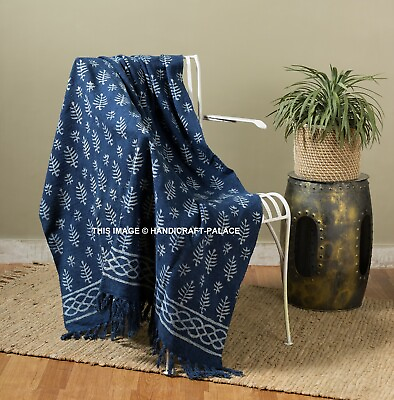 #ad Indigo Cotton Throw Blanket Soft Handmade Bedspread Beach Towel Sofa Coverlet $41.99