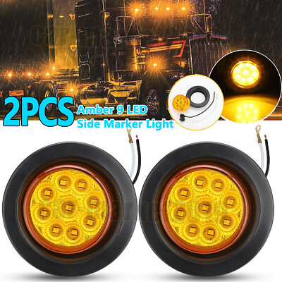 #ad 2x Amber 2quot; Inch Round 9 LED Side Marker Clearance Lights Truck Trailer Lamp 12V $10.90