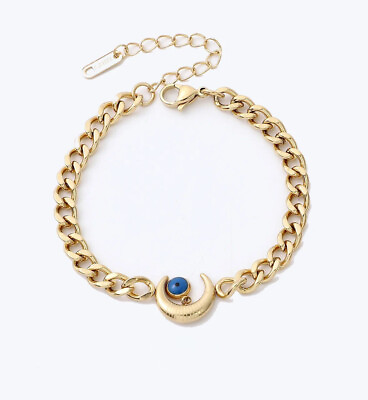 #ad Gold Evil Eye Bracelet with Moon Symbol Gold Blue Turkish Eye Stainless Steel GBP 29.00