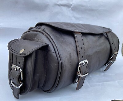 #ad Real VINTAGE Leather Tool Bag Motorcycle Black Front Fork Storage Bag Saddle Bag $42.75