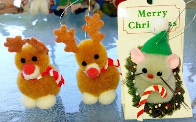 #ad 3 Vintage Christmas Pom Pom Mini Ornaments Reindeer Mouse 1 New $13.99