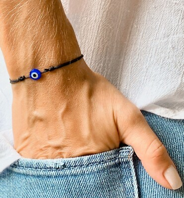 #ad Blue Evil Eye Black String Bracelet Turkish Eye Surfer Cord Women Gift Men USA $10.99