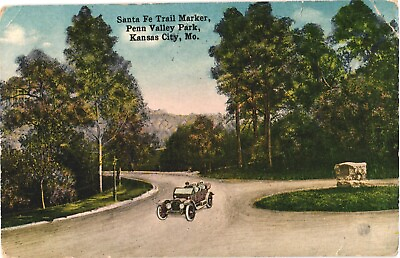 #ad Car at Santa Fe Trail Marker Penn Valley Park Kansas City Missouri Postcard $4.25