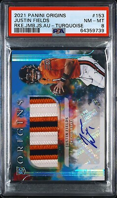 #ad #ad 2021 Panini Origins Justin Fields Rookie Patch Auto 25 25 Turquoise PSA NM 8 $2500.00
