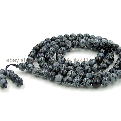 #ad 8mm Tibetan Buddhism 108 Snowflake obsidian Prayer Beads Mantra Mala Necklaces $10.79