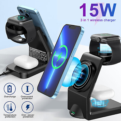 #ad 3 In 1 Wireless Charging Station Charger Stand For iWatch iPhone 14 Pro Air Pods $18.98