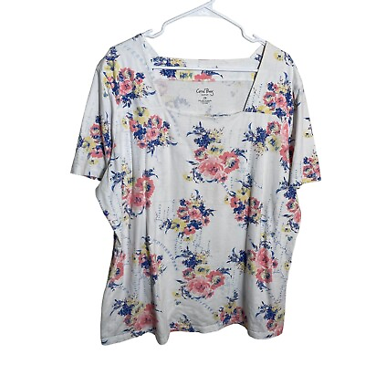 #ad Coral Bay Top Women#x27;s 2X White Colorful Floral Short Sleeve Shirt Square Neck $6.30