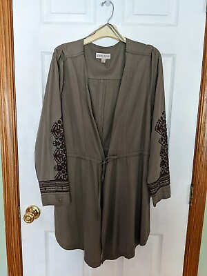 #ad KNOX ROSE TUNIC JACKET TIE FRONT DRAWSTRING OLIVE RAYON COTTON EMBROIDERED EUC L $24.00