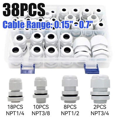 #ad 38PCS Nylon NPT Cable Gland Kit Strain Relief Wire Connectors 0.15quot; 0.7quot; Dia. $19.99