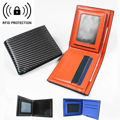 #ad Men#x27;s Carbon Fiber Leather Slim Wallet RFID Blocking Bifold ID Card Holder $8.98
