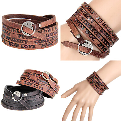 #ad Genuine Leather Wrap Braided Adjustable Cuff Bracelet Wristband Men Women Gifts $9.26
