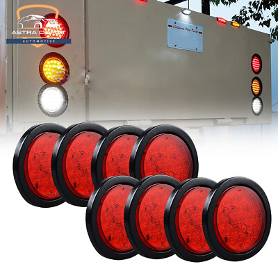 #ad 8X 4quot; Inch Round RED 24 LED Stop Brake Tail Lights Trailer Truck Red Lens 12V $69.98