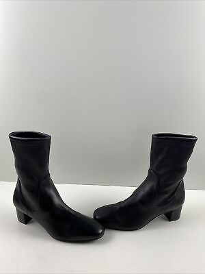 #ad Stuart Weitzman Black Leather Round Toe Pull On Block Heel Ankle Boots Size 6.5M $124.99