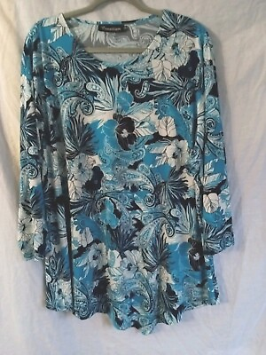 #ad Ladies 2x Tunic Floral Turquoise Navy White Cruise Travel Packable Beachy Isle $11.00