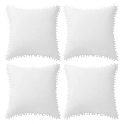 #ad Unique Bargains Velvet Pillow Cover with Poms for Sofa 4PCS Snow White 20quot; X 20quot; $30.08