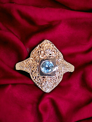 #ad ladies ring aquamarine gold plated rose gold setting size 6. $129.99