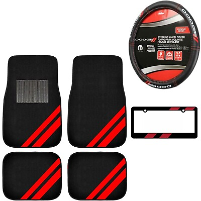 #ad NEW 6PC DODGE Red Stripe Car Truck Black Floor Mats Steering Wheel Cover SET $48.05