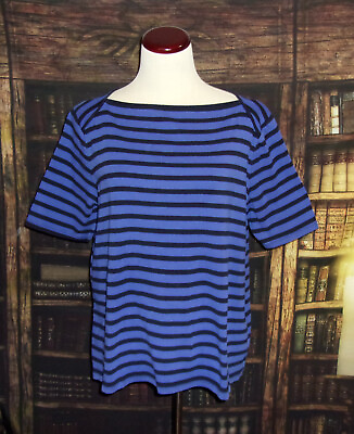 #ad Talbots Cotton Top Blouse 1X Purple Black Striped Womens Boat Neck Short Sleeve $12.99