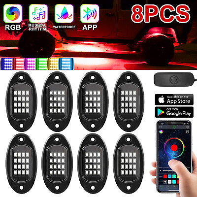 #ad 8 Pods RGB LED Rock Lights Offroad Underglow Neon Light Bluetooth App Control $29.55