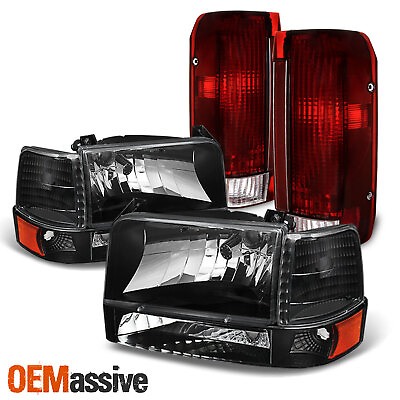 #ad For 1992 96 Ford F150 F250 F350 Bronco Black HeadlightsDark Red Tail Lamps Pair $128.99