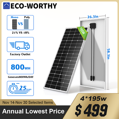 #ad ECO WORTHY 100W 200W 400W 1000W Watt Monocrystalline Solar Panel PV 12V Home RV $59.84