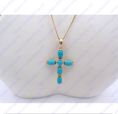 #ad 2 Ct Round Pear Simulated Turquoise Cross Pendant Chain 925 Silver Gold Plated $106.25