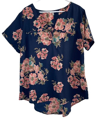 #ad MPH Collection Womens Blouse 2X Top Navy Blue Floral Cottage Core Short Sleeve $11.99