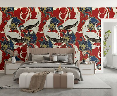 #ad 3D Animal Crane Red Background Wallpaper Wall Murals Removable Wallpaper 73 AU $249.99