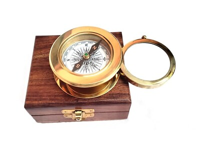 #ad Antique Brass Compass amp; Magnifier With Wooden Box Vintage Nautical Collectible $58.08