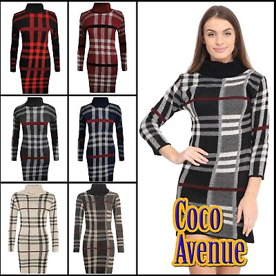 #ad Ladies Knitted Bodycon High Polo Neck Tartan Long Sleeve Jumper Warm Mini Dress GBP 15.66