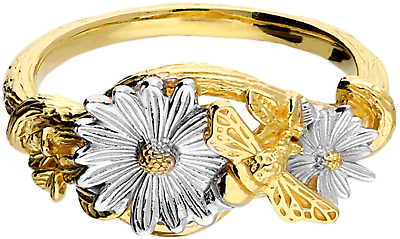 #ad 18CT Gold Silver Ring Daisy Bee Band 18ct Yellow Gold on 925 Sterling Silver R GBP 32.00