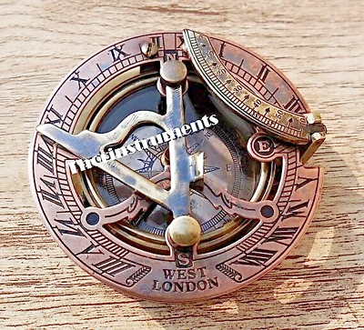 #ad Brass Sundial Compass Pocket Sundial Brass Antiques West London TH08895 Rusti $34.85