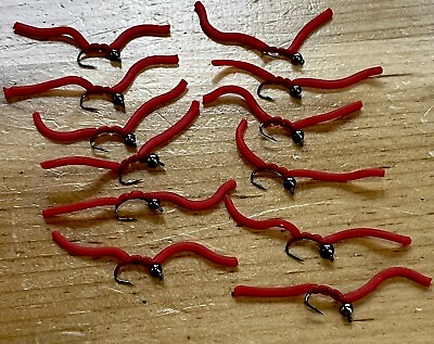 #ad One Doz. Squirmy Worm Red Hand Tied Fly Tungsten Bead Head Size 10 Hook $13.95