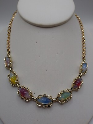 #ad Sarah Coventry Sabrina Fair NECKLACE Vintage Gold Tone Multi Color Stones Jelly $34.99