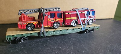 #ad #ad CH8J HO Scale Train Car AT amp; SF FLAT CAR 90806 WITH FIRE TRUCKS HORN HOOK $9.07
