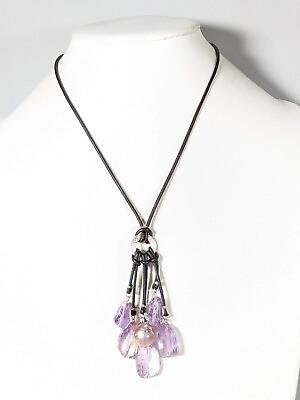 #ad Gold Tone Cord Purple Pearl Amethyst Stone Tassel Choker Necklace 18 inches $13.99