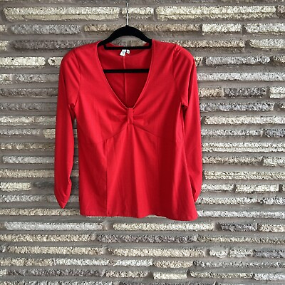 #ad Riki Bright Red V Neck Stretch Cotton Ruched Sleeves Knit Top Size Medium $19.97