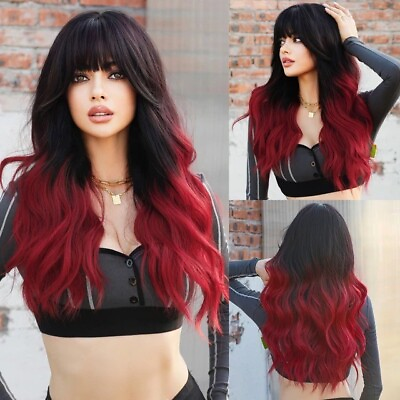 #ad Black Ombre Red Wavy Full Wig with Flat Bang Top Quality Synthetic Hair 18quot; $13.00