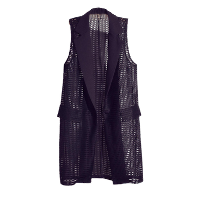 #ad Women Hollow Out Mesh Midi Waistcoat Gilet Suit Vest Lapel Sleeveless Cardigan $17.89