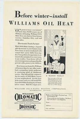 #ad Williams Oil Heat Install Before Winter Thermostat Tend Furnace 1929 Vintage Ad $8.50